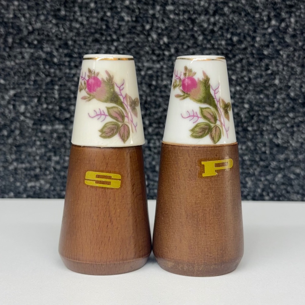 Vintage Nevco Japan Wood and Ceramic Floral Salt and Pepper Shakers Set MCM Rose
